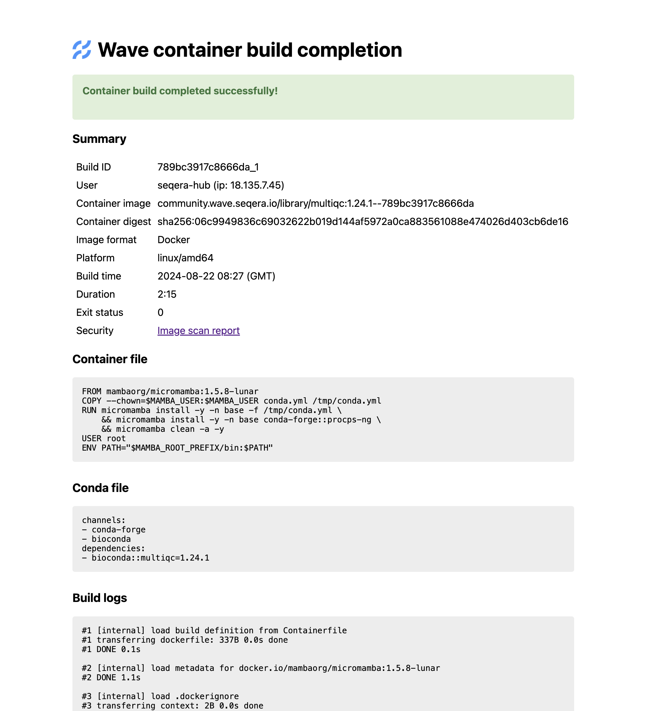 Screenshot of a Wave container build details page.